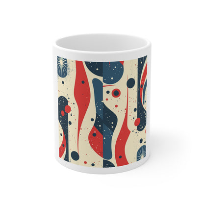 Abstract Patriotic Coffee Mug – Red White Blue Modern Art Mug – Retro Americana Pattern Mug – Mid Century Style Patriotic Cup Abstract Retro Waves Ceramic Mug — Mid-Century Modern 11oz Coffee Cup...