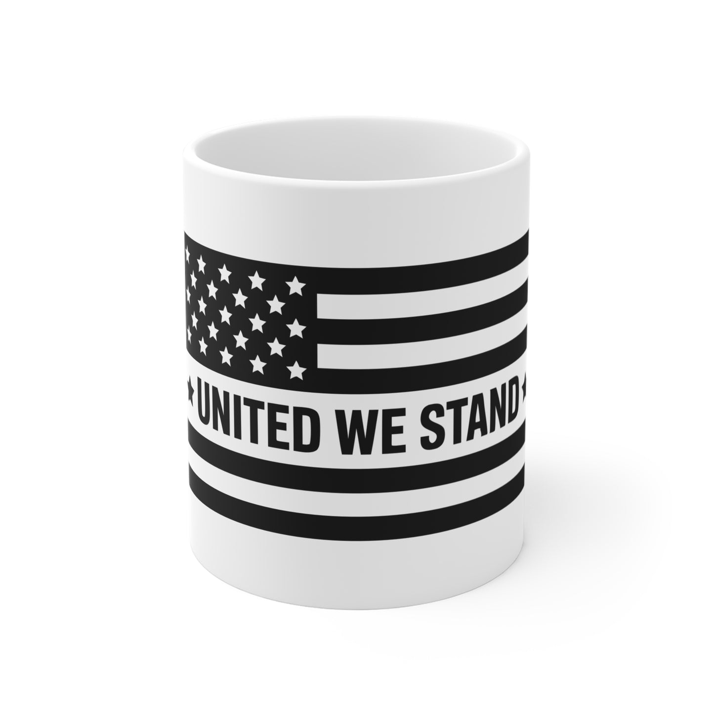 Mug — "United We Stand" Black & White American Flag 11oz Ceramic Mug