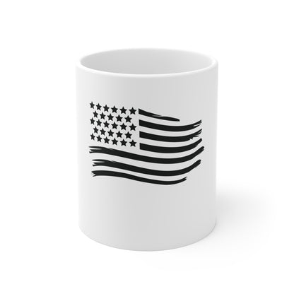 Black Waving American Flag Coffee Mug – Distressed USA Flag Mug – Stealth Patriotic Cup – Minimalist Americana Gift Mug 11oz