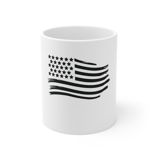 Black Waving American Flag Coffee Mug – Distressed USA Flag Mug – Stealth Patriotic Cup – Minimalist Americana Gift Mug 11oz