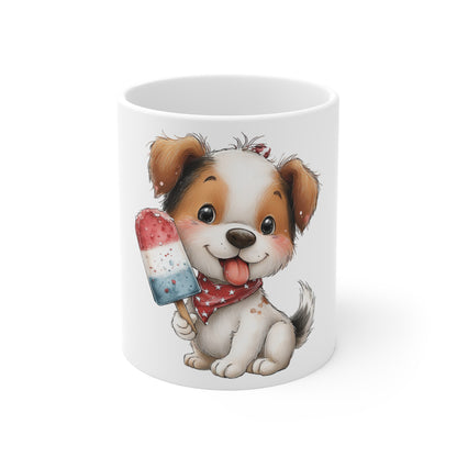 Patriotic Puppy Popsicle Mug – Cute 4th of July Dog Coffee Mug – Red White Blue Summer Puppy Cup – Americana Pet Lover Gift Mug 11oz
