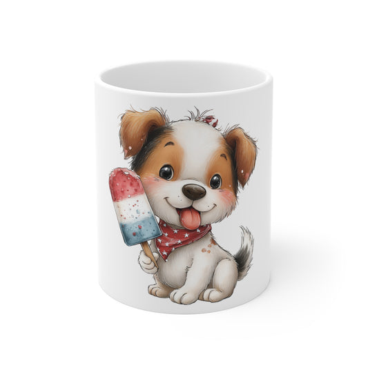 Patriotic Puppy Popsicle Mug – Cute 4th of July Dog Coffee Mug – Red White Blue Summer Puppy Cup – Americana Pet Lover Gift Mug 11oz