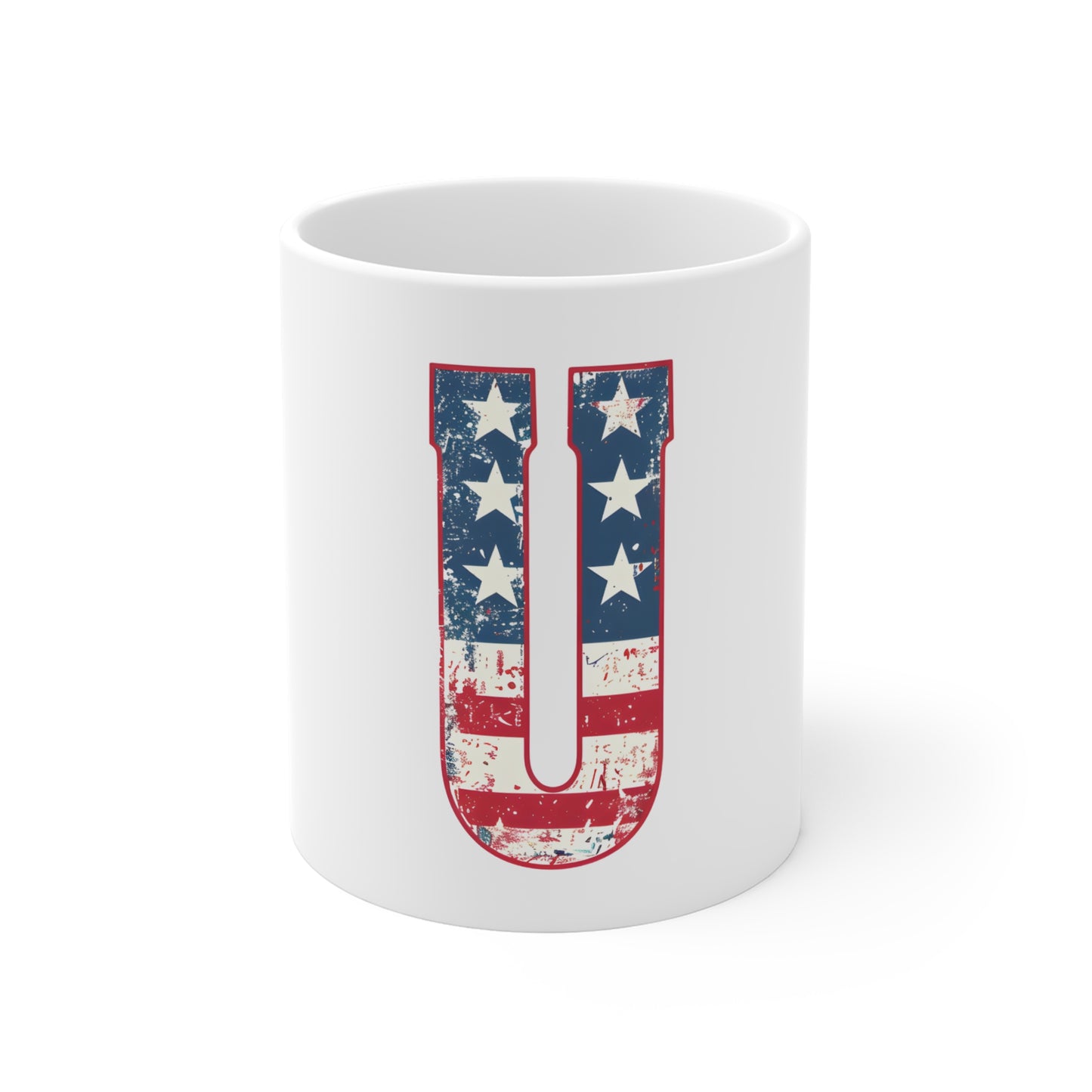 Patriotic Letter U Coffee Mug – American Flag Initial Mug – Vintage USA Monogram Mug – Distressed Americana Alphabet Gift Mug 11oz