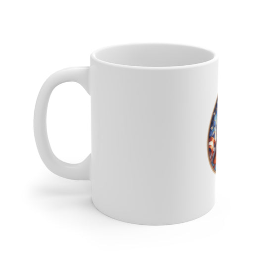 Stained Glass Liberty Bell Mug – Patriotic Freedom Bell Coffee Mug – American Independence Art Cup – Red White Blue Gift Mug 11oz