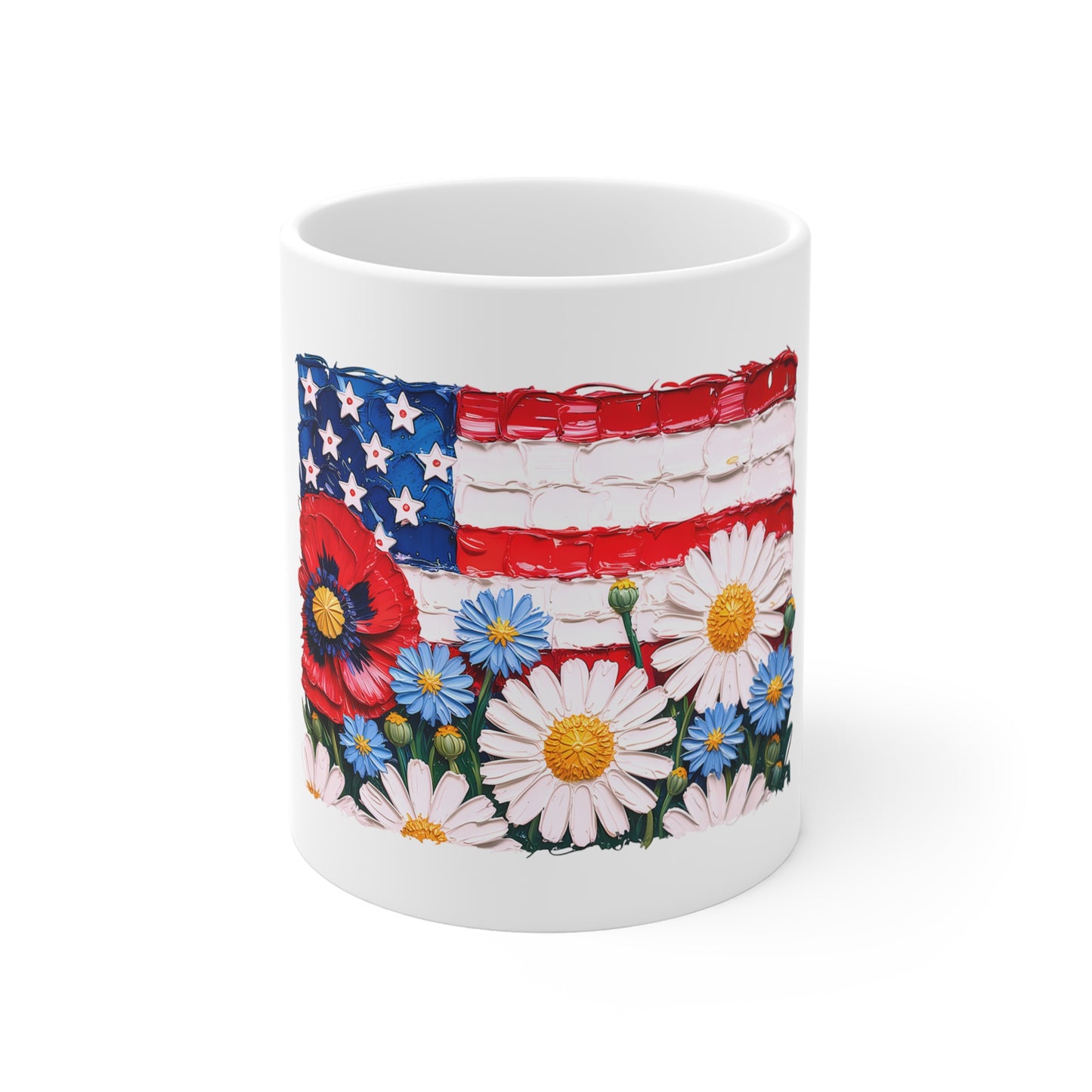 American Flag Floral Mug — Patriotic Poppy & Daisy Coffee Cup (11oz)
