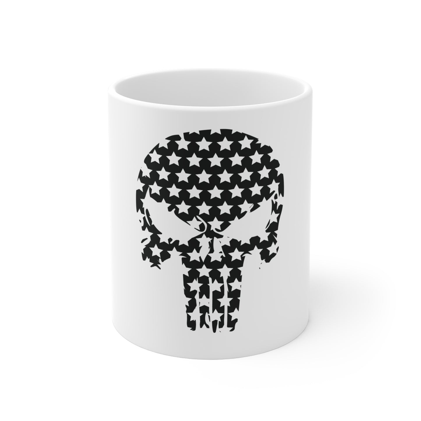 Black American Skull Stars Coffee Mug – Minimalist USA Skull Mug – Stealth Patriotic Skull Cup – Modern Americana Gift Mug 11oz