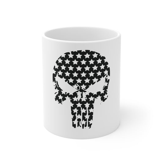 Black American Skull Stars Coffee Mug – Minimalist USA Skull Mug – Stealth Patriotic Skull Cup – Modern Americana Gift Mug 11oz