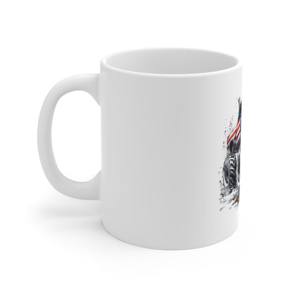 Patriotic Monster Truck Coffee Mug – American Flag Off-Road Truck Mug – Mud Splash USA Truck Design – Bold Americana Gift Mug 11oz