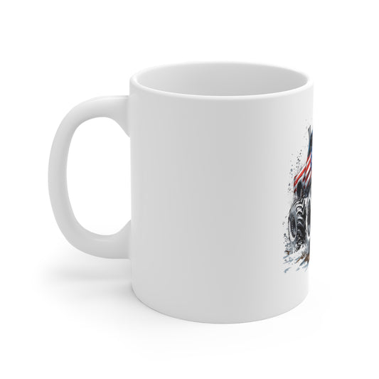 Patriotic Monster Truck Coffee Mug – American Flag Off-Road Truck Mug – Mud Splash USA Truck Design – Bold Americana Gift Mug 11oz