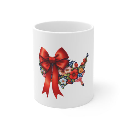 Floral USA Map Mug with Red Bow – Patriotic Floral 11oz Coffee Cup