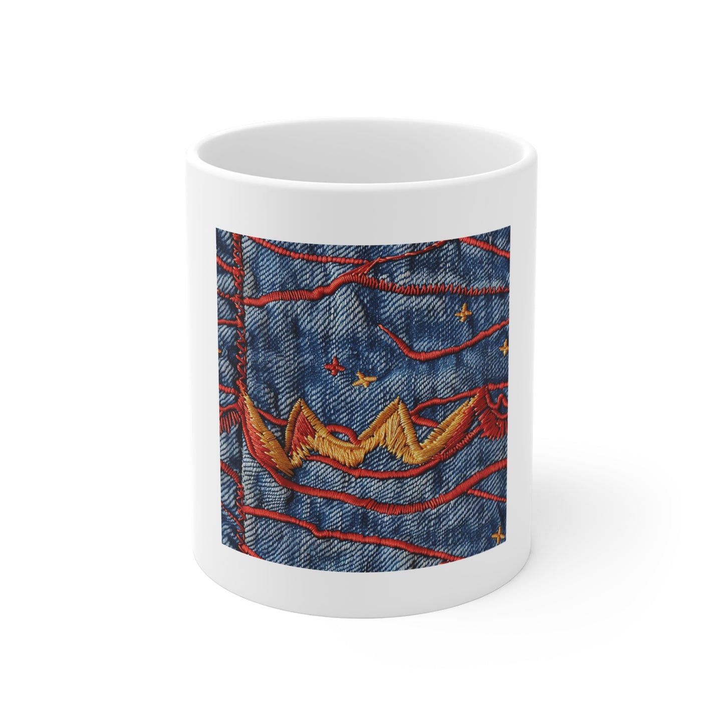 American Flag Denim Embroidery Coffee Mug – Stitched Patriotic Mug – USA Threadwork Flag Cup – Premium Americana Gift – Rustic Art MugDenim Patchwork Mug — Embroidered Star & Flame Jean Print 11oz...