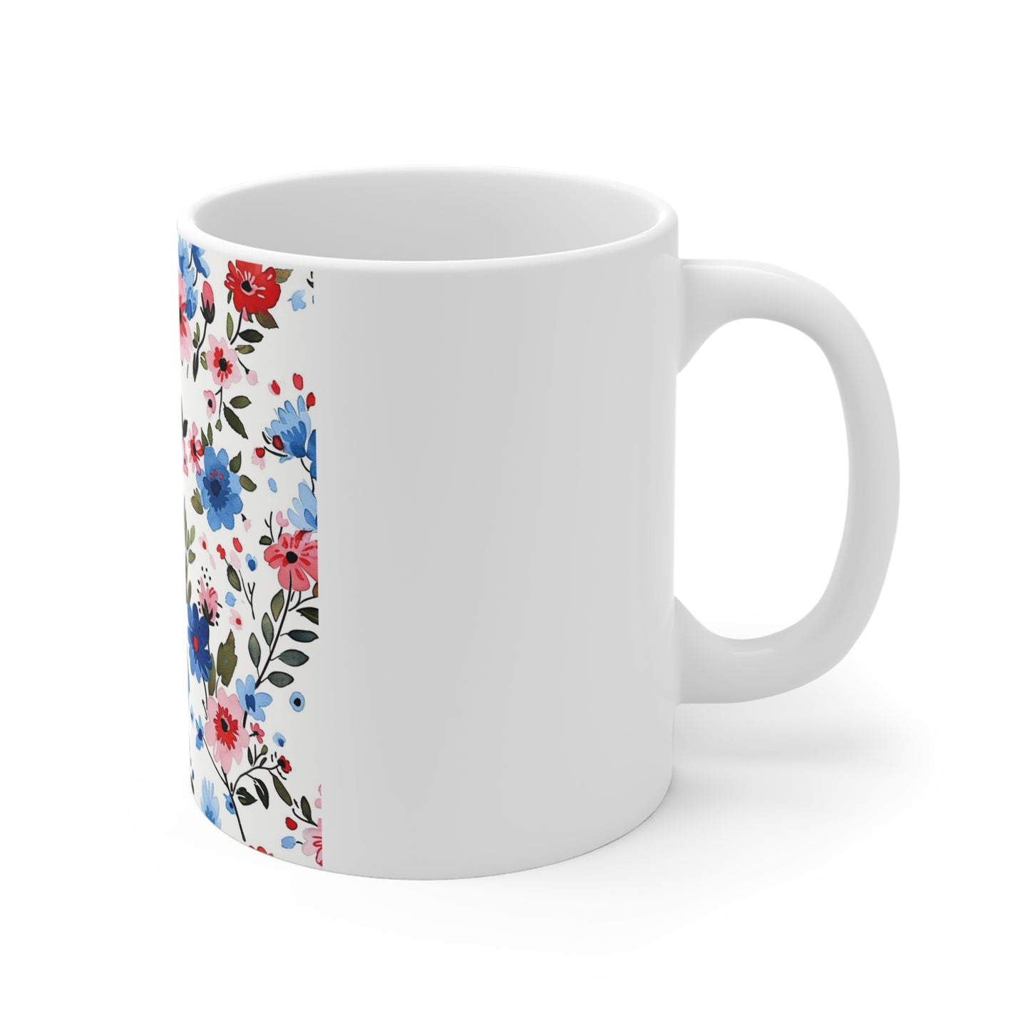 Patriotic Botanical Floral Coffee Mug – Red White Blue Wildflower Mug – Elegant Americana Garden Cup – Modern Floral Mug Floral Blue & Pink Pattern Mug — 11oz Ceramic Coffee Cup