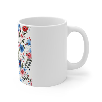 Patriotic Botanical Floral Coffee Mug – Red White Blue Wildflower Mug – Elegant Americana Garden Cup – Modern Floral Mug Floral Blue & Pink Pattern Mug — 11oz Ceramic Coffee Cup