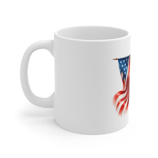 Retro Patriotic Pin-Up Flag Girl Mug – Vintage Americana Woman Coffee Cup – 4th of July USA Flag Art Mug – Classic Pinup Gift Patriotic Pin-Up 11oz Mug — American Flag Retro Girl Coffee Cup