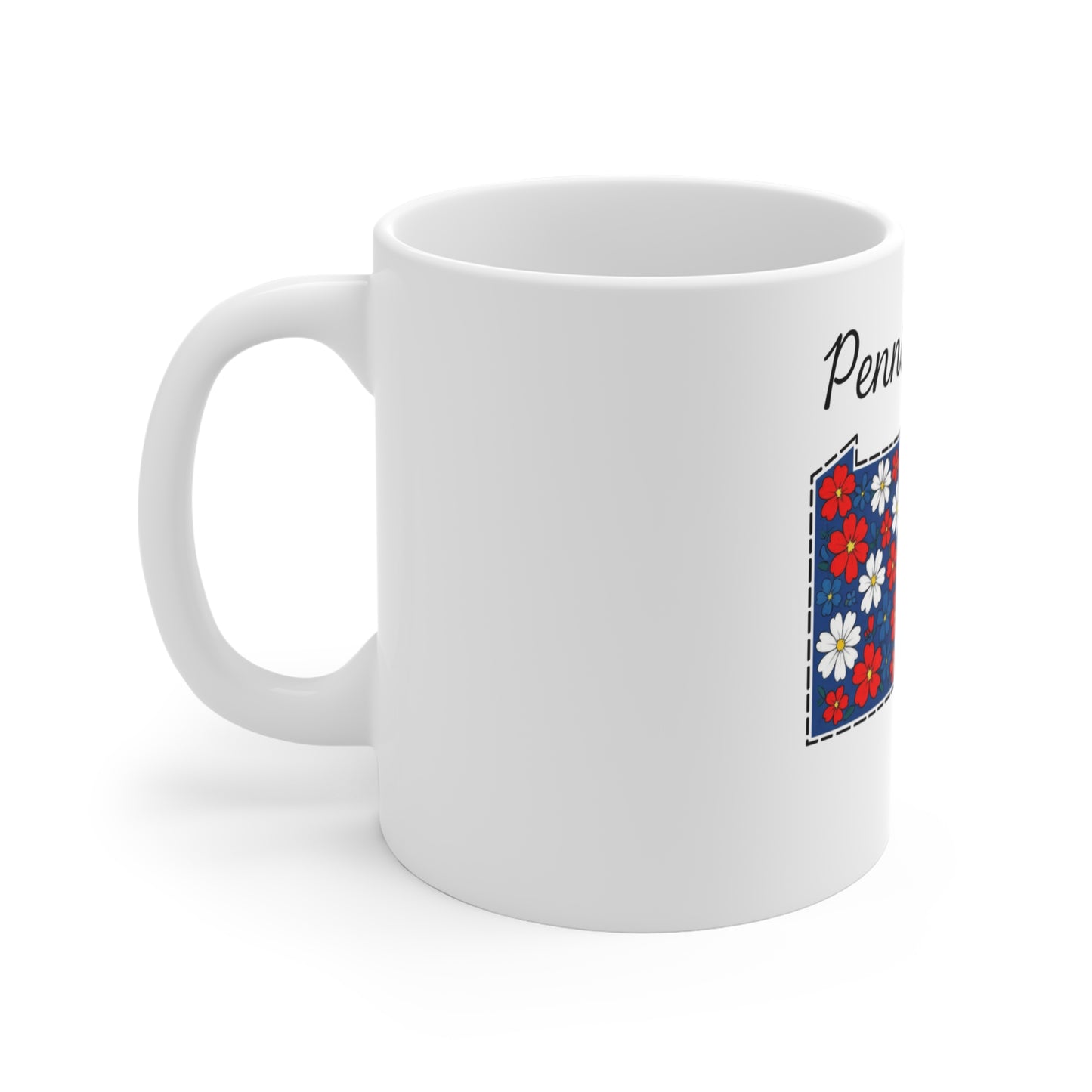 Pennsylvania Floral State Outline Mug — Red, White & Blue Daisy Coffee Cup