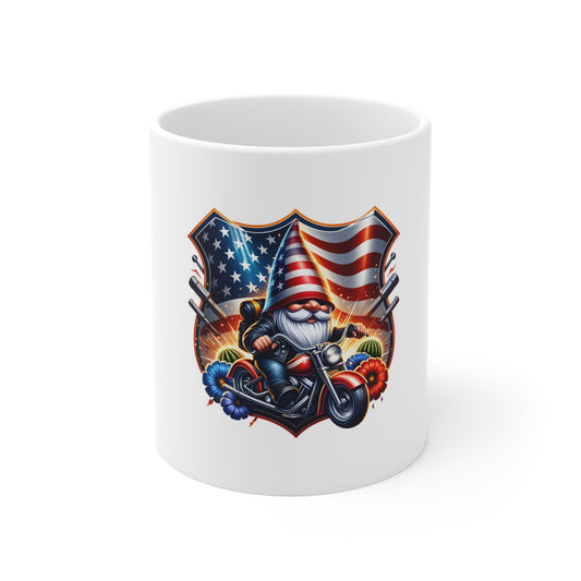 Patriotic Biker Gnome Mug - 11oz American Flag Motorcycle Coffee Cup