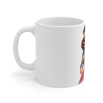Patriotic Retro Woman Mug – American Flag Pin Up Coffee Mug – Vintage USA Style Cup – 4th of July Gift – Classic Americana Mug Patriotic Pin-Up Girl 11oz Coffee Mug — Vintage Americana Flag Design...