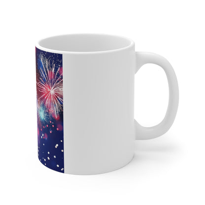 Patriotic Fireworks Burst Coffee Mug – Red Blue Sparkle Mug – Independence Day Celebration Cup – Starry Night USA Design Fireworks Celebration Mug — Colorful Sparkler 11oz Ceramic Coffee Cup