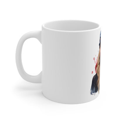 Patriotic American Girl Coffee Mug – USA Flag Hat Portrait Mug – Americana Woman Art Cup – Bold USA Gift Mug 11oz