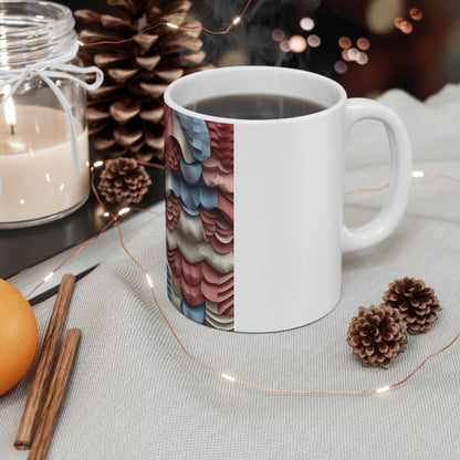 Layered 3D Patriotic Coffee Mug – Red White Blue Abstract Texture Mug – Sculpted Wave Design – Modern Americana Art Mug Abstract Textured Pattern Ceramic Mug — Red, Blue & Beige Layered Design (11oz...