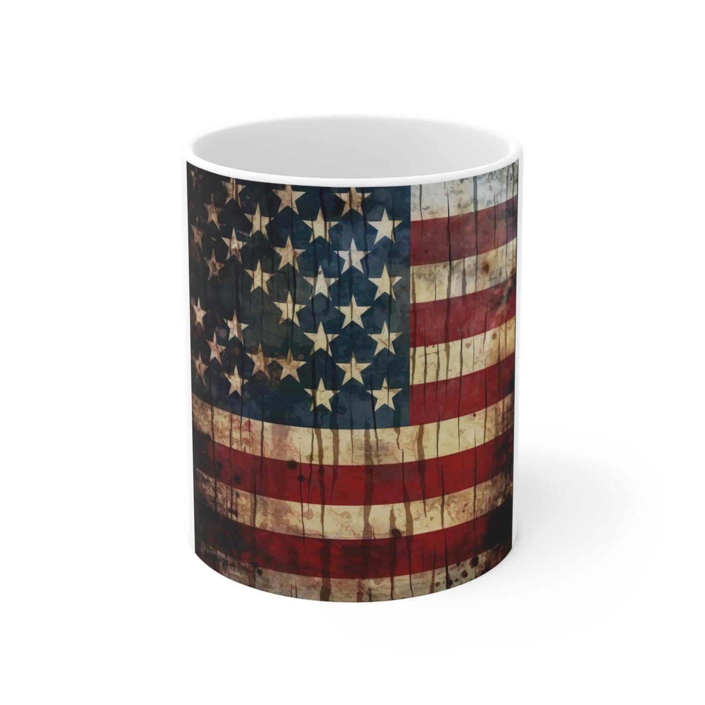 Dripping Grunge American Flag Coffee Mug – Dark Distressed USA Flag Mug – Rustic Paint Drip Patriotic Mug – Bold Americana Gift 11oz