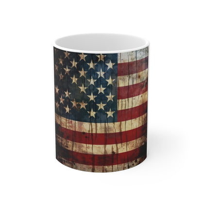 Dripping Grunge American Flag Coffee Mug – Dark Distressed USA Flag Mug – Rustic Paint Drip Patriotic Mug – Bold Americana Gift 11oz