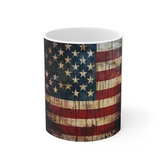 Dripping Grunge American Flag Coffee Mug – Dark Distressed USA Flag Mug – Rustic Paint Drip Patriotic Mug – Bold Americana Gift 11oz