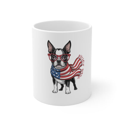 Patriotic Boston Terrier Mug — American Flag Scarf & Red Glasses 11oz