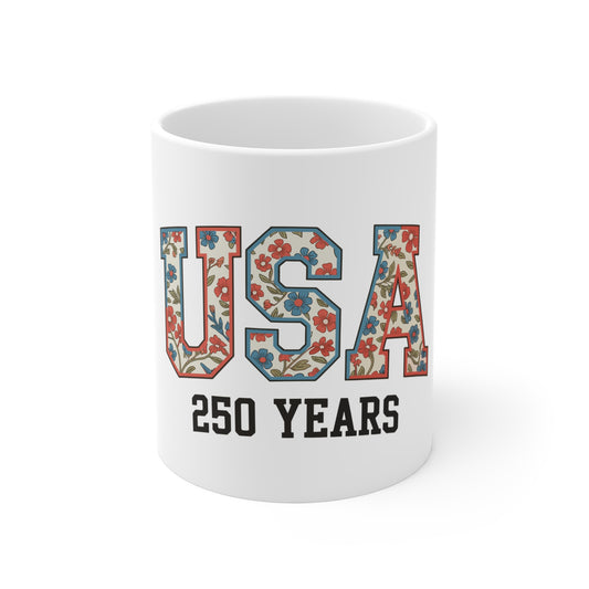 USA 250 Years Floral Pattern Mug — Patriotic 11oz Coffee Cup for 250th Anniversary
