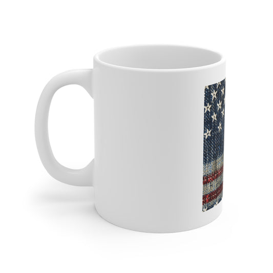 American Flag Fabric Coffee Mug – Woven Patriotic Mug – USA Textile Flag Cup – Rustic USA Americana Gift – Vintage Style Mug 11oz Ceramic