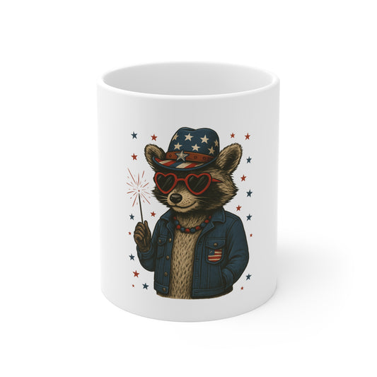 Patriotic Raccoon 11oz Mug — Fourth of July Firework Coffee Cup