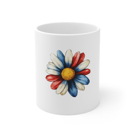 Patriotic Red White Blue Daisy Mug — 11oz Floral Coffee Cup
