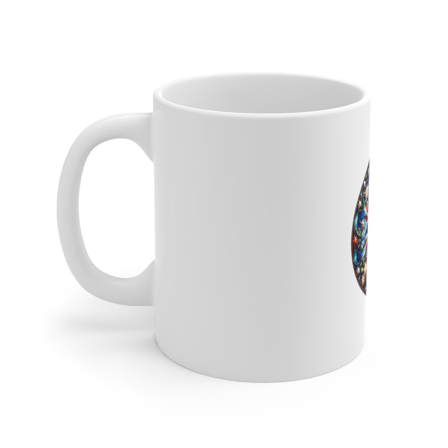 Stained Glass Patriotic Starburst Mug – Firework Americana Coffee Mug – Red White Blue Celebration Cup – Fourth of July Art Gift Mug 11oz