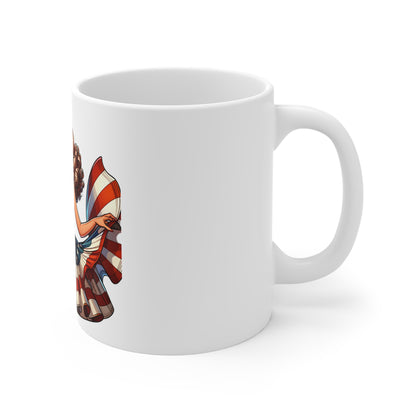 Patriotic Pin-Up Flag Dress Mug – Vintage Americana Woman Coffee Mug – Retro USA Stars and Stripes Cup – Bold American Beauty Mug – Fourth of July Gift American Pinup Mug – Retro Patriotic 11oz Coffee...