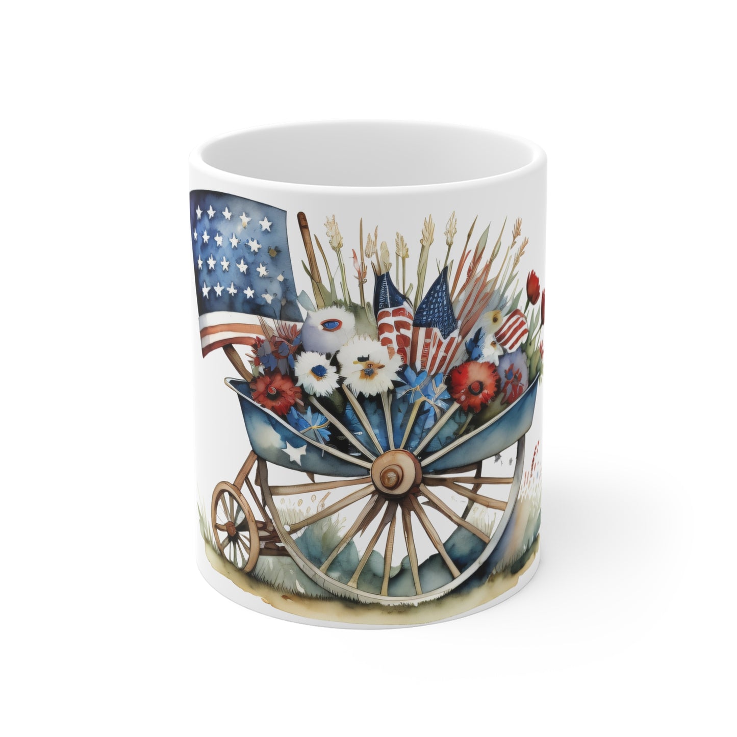 Patriotic Wagon Garden Mug – Americana Watercolor Floral Coffee Cup – Rustic USA Flag Farmhouse Mug 11oz