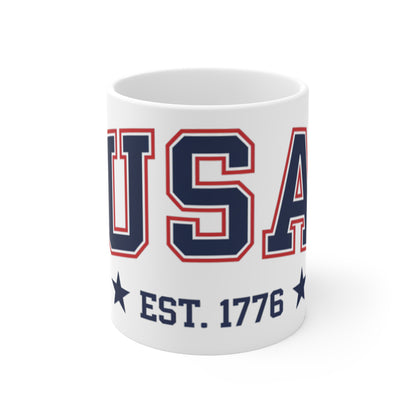 USA Established 1776 Collegiate Coffee Mug – Vintage Varsity Patriotic Mug – Red White Blue American Pride Cup – Classic USA Gift 11oz