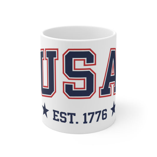 USA Established 1776 Collegiate Coffee Mug – Vintage Varsity Patriotic Mug – Red White Blue American Pride Cup – Classic USA Gift 11oz