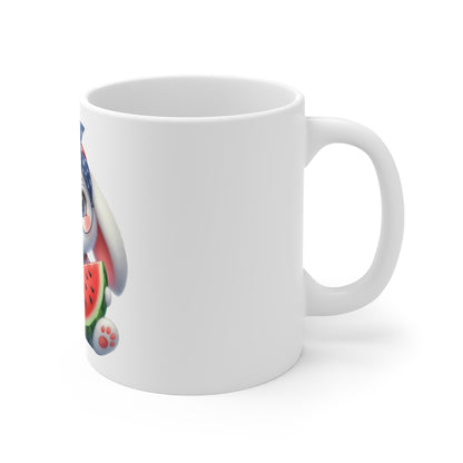 Cute Patriotic Bunny Coffee Mug – Watermelon Animal Mug – Adorable Americana Rabbit Cup – Kawaii Summer Patriotic Mug 11oz