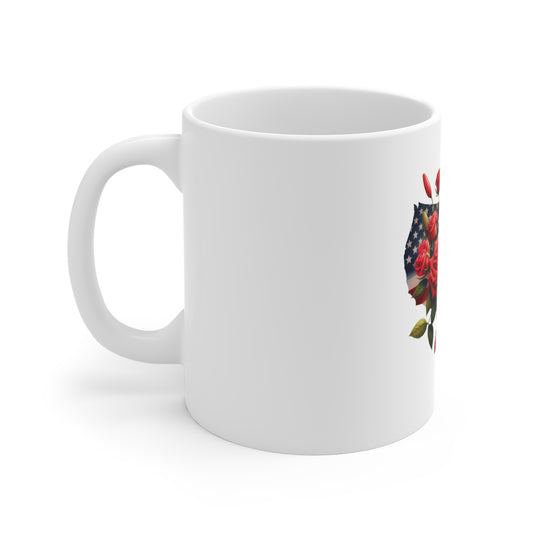 Floral American Flag Map Mug — Patriotic Rose USA 11oz Coffee Cup