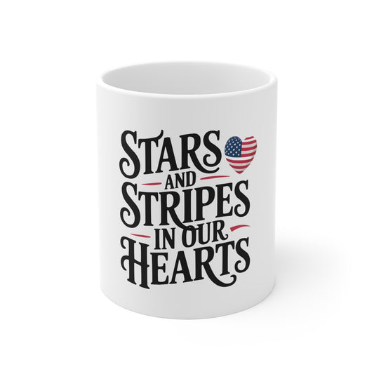 Patriotic 'Stars and Stripes in Our Hearts' 11oz Coffee Mug — Fourth of July USA Flag Heart Design