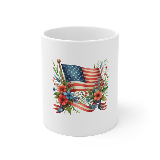 Patriotic Floral Flag Mug — American Flag with Red & Blue Flowers, 11oz