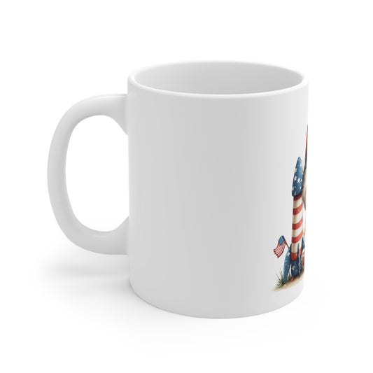 Patriotic Kitten Fireworks Mug – Cute 4th of July Cat Coffee Mug – Americana Rocket Cat Mug – Red White Blue Cat Gift Patriotic Kitten 11oz Coffee Mug — Cute USA Flag Rocket Cat