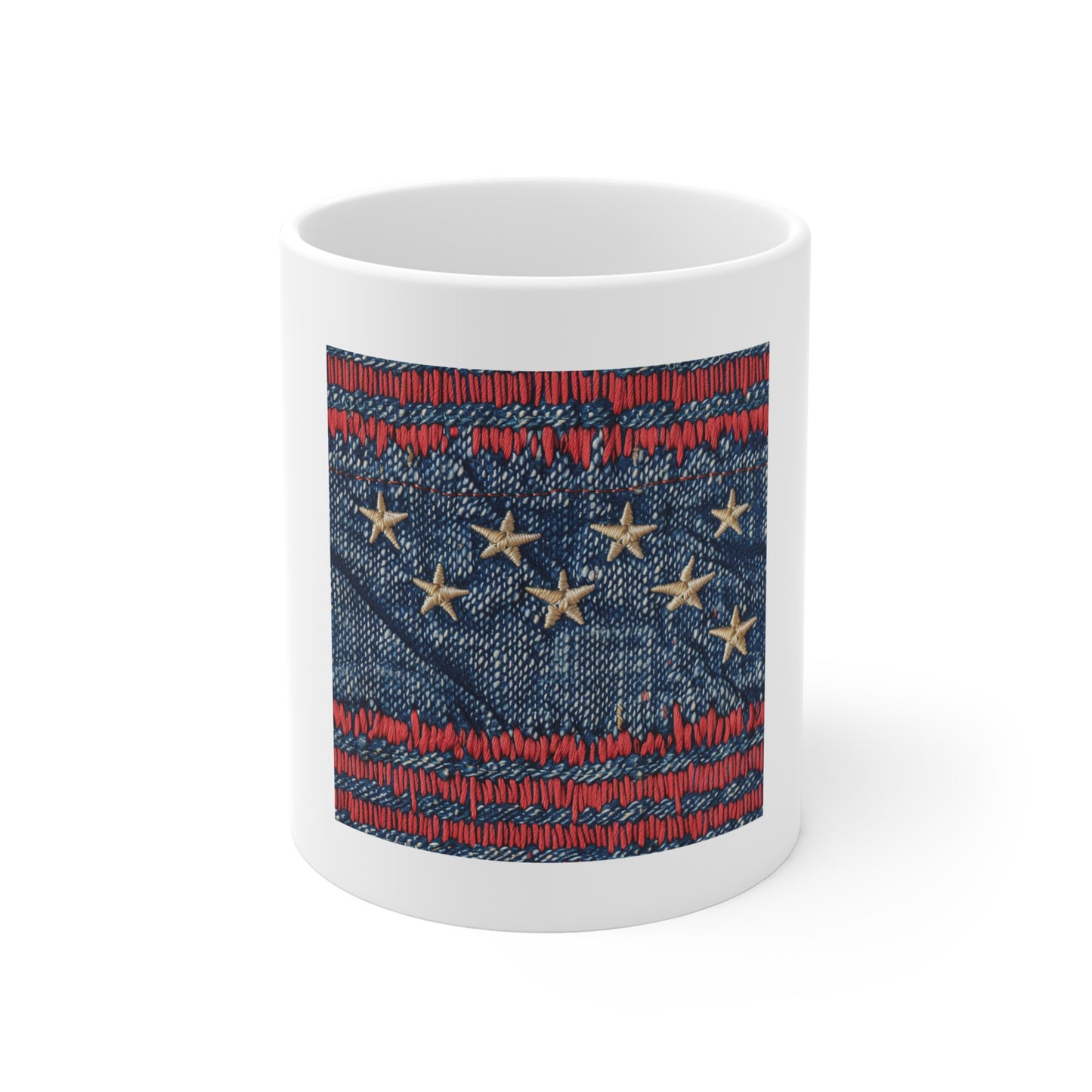Distressed American Flag Denim Coffee Mug – Vintage Stitch Patriotic Mug – Worn-In USA Flag Cup – Rustic Americana Gift – Heritage Art Mug 11oz Coffee Cup