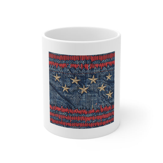Distressed American Flag Denim Coffee Mug – Vintage Stitch Patriotic Mug – Worn-In USA Flag Cup – Rustic Americana Gift – Heritage Art Mug 11oz Coffee Cup