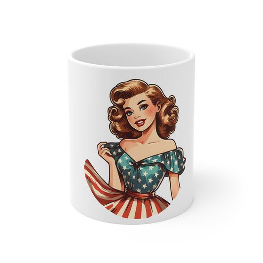 Patriotic Vintage Woman Mug – Retro Americana Off-Shoulder Dress Coffee Mug – USA Flag Style Cup – Classic American Beauty Mug – Gift for Her Patriotic Pin-Up Ceramic Mug — Vintage USA Flag Girl 11oz...
