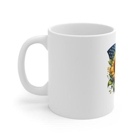 Sunflower & American Flag 11oz Mug — Patriotic Floral Coffee Cup