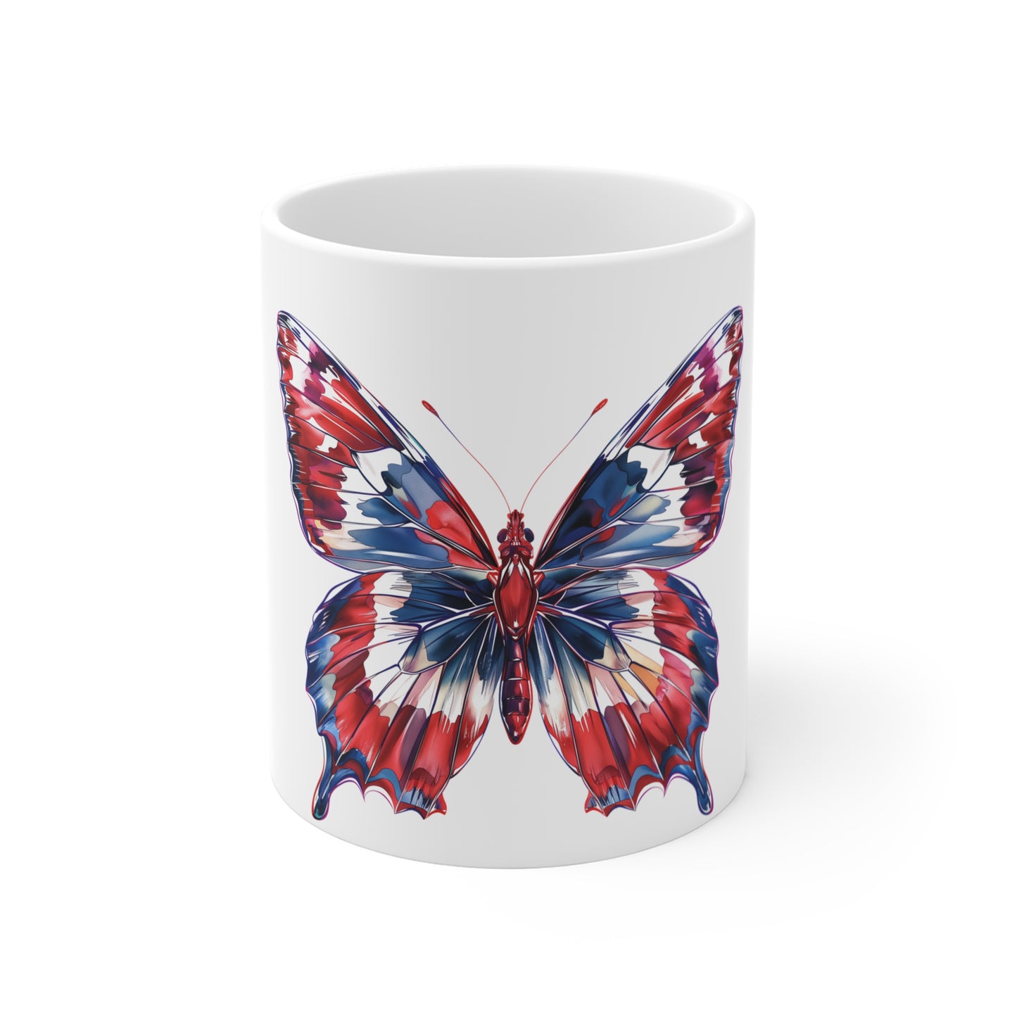Patriotic Vibrant Butterfly Mug – Red White Blue High-Gloss Butterfly Coffee Mug – Bold Americana Art Cup – Premium USA Gift Mug Mug 11oz