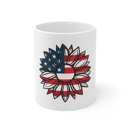 Patriotic Sunflower Coffee Mug – American Flag Daisy Mug – Red White Blue Floral Design – USA Botanical Gift Mug 11oz