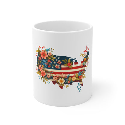 USA Floral Map Mug — Patriotic American Flag Flower Coffee Cup (11oz)