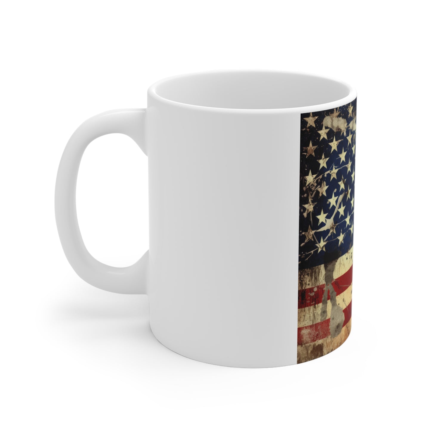 Scratched Grunge American Flag Coffee Mug – Rugged Distressed USA Flag Mug – Vintage Worn Patriotic Mug – Raw Americana Gift 11oz
